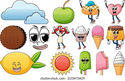 Set of facial expression with vintage style food cartoon on white background illustration