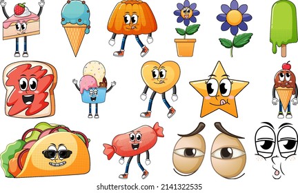 Set of facial expression with vintage style food cartoon on white background illustration