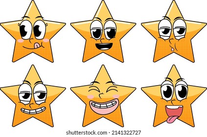 Set of facial expression vintage style star cartoon on white background illustration