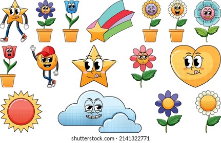 Set of facial expression with vintage style food cartoon on white background illustration