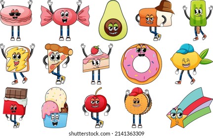 Set of facial expression with vintage style food cartoon on white background illustration