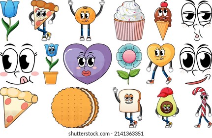 Set of facial expression with vintage style food cartoon on white background illustration