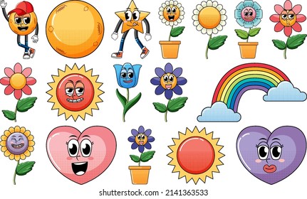 Set of facial expression with vintage style food cartoon on white background illustration