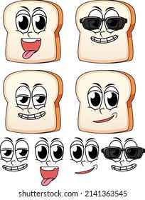Conjunto de expresiones faciales de caricatura de estilo vintage con el pan en la ilustración de fondo blanco
