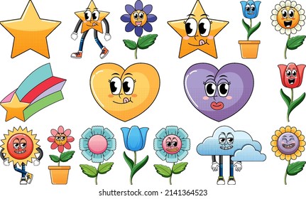 Set of facial expression with vintage style food cartoon on white background illustration