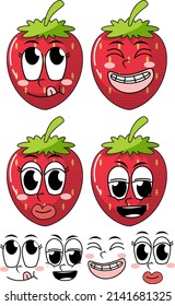 Set of facial expression vintage style cartoon with strawberry on white background illustration