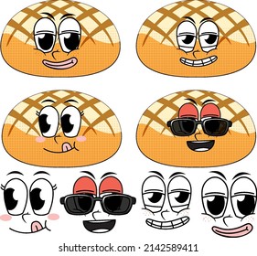 Set of facial expression vintage style cartoon with bun bread on white background illustration