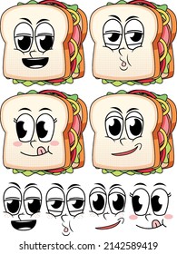 Set of facial expression vintage style cartoon with sandwich on white background illustration