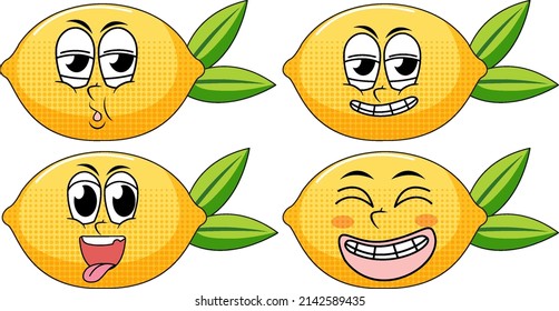 Set of facial expression vintage style lemon cartoon on white background illustration