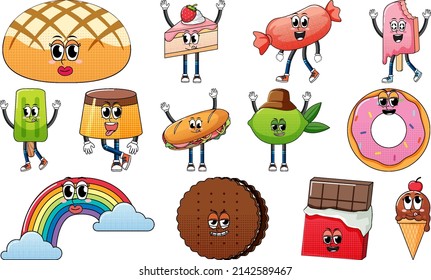 Set of facial expression with vintage style food cartoon on white background illustration