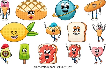 Set Of Facial Expression With Vintage Style Food Cartoon On White Background Illustration