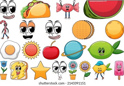 Set Of Facial Expression With Vintage Style Food Cartoon On White Background Illustration