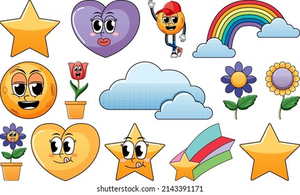 Set of facial expression with vintage style food cartoon on white background illustration