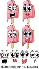 Set of facial expression vintage style cartoon with icecream on white background illustration