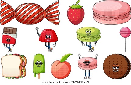 Set of facial expression with vintage style food cartoon on white background illustration