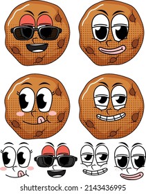 Set of facial expression vintage style cartoon with cookie on white background illustration