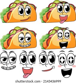 Set of facial expression vintage style cartoon with taco on white background illustration