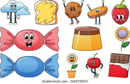 Set of facial expression with vintage style food cartoon on white background illustration