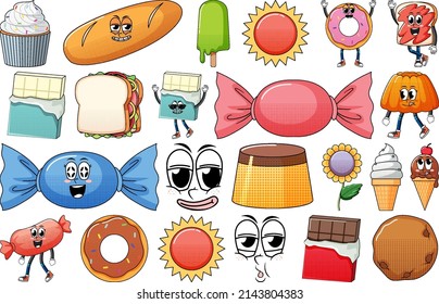 Set of facial expression with vintage style food cartoon on white background illustration