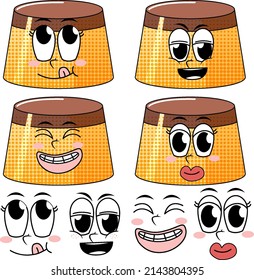 Set of facial expression vintage style cartoon with pudding on white background illustration