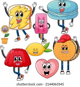 Set of facial expression with vintage style food cartoon on white background illustration
