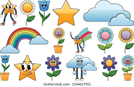 Set of facial expression with vintage style food cartoon on white background illustration
