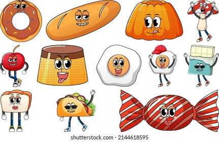 Set of facial expression with vintage style food cartoon on white background illustration