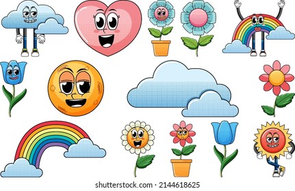Set of facial expression with vintage style food cartoon on white background illustration