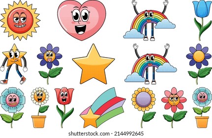 Set of facial expression with vintage style food cartoon on white background illustration
