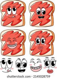 Set of facial expression vintage style cartoon with jam bread on white background illustration