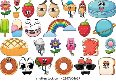 Set of facial expression with vintage style food cartoon on white background illustration