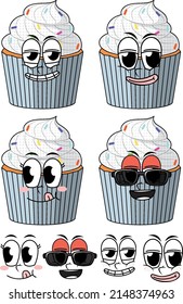 Set of facial expression vintage style cartoon with cupcake on white background illustration