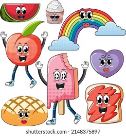 Set of facial expression with vintage style food cartoon on white background illustration