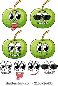Set of facial expression vintage style cartoon with apple on white background illustration