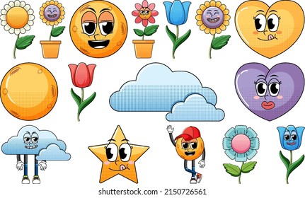 Set of facial expression with vintage style food cartoon on white background illustration
