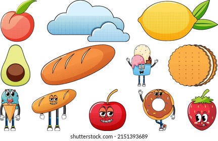 Set of facial expression with vintage style food cartoon on white background illustration