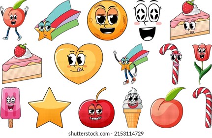 Set Of Facial Expression With Vintage Style Food Cartoon On White Background Illustration