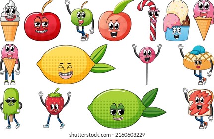 Set of facial expression with vintage style food cartoon on white background illustration