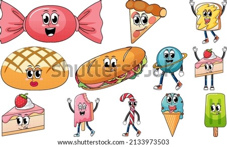 Set of facial expression with vintage style food cartoon on white background illustration