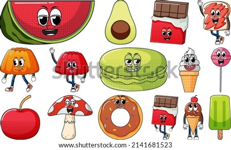 Set of facial expression with vintage style food cartoon on white background illustration