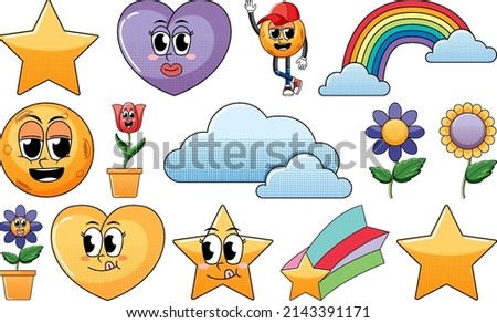 Set of facial expression with vintage style food cartoon on white background illustration