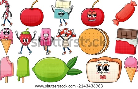 Set of facial expression with vintage style food cartoon on white background illustration