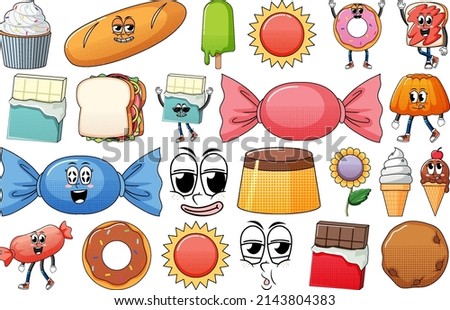 Set of facial expression with vintage style food cartoon on white background illustration