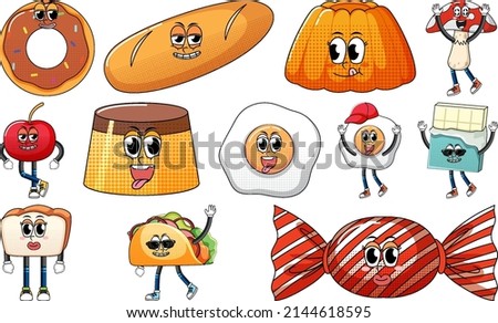 Set of facial expression with vintage style food cartoon on white background illustration