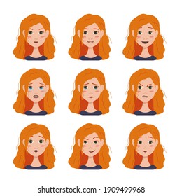 Set Of Facial Expressions Avatars Of African American Woman With Red Hair. Different Female Emotions. Attractive Cartoon Character. Vector Illustration Isolated On White Background.