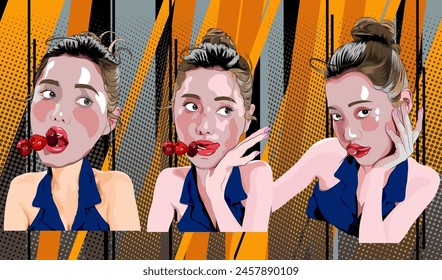 Set of facial expressions avatars . Different female emotions. Attractive cartoon character. Vector illustration isolated on yellow background