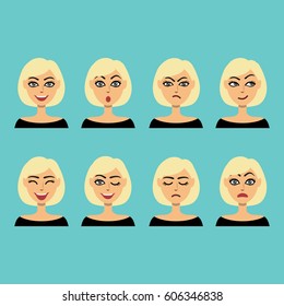 Set of facial expressions. Beautiful blonde girl. Vector women. Cartoon style.