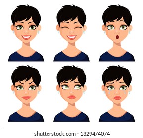 Set of facial expressions of beautiful woman with short haircut. Beautiful lady cartoon character. Pack of emotions. Vector illustration