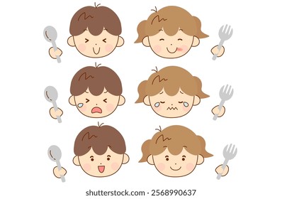 Set of facial expressions of boys and girls eating