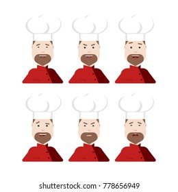 A set of facial expressions for the chef. Character flat illustration.